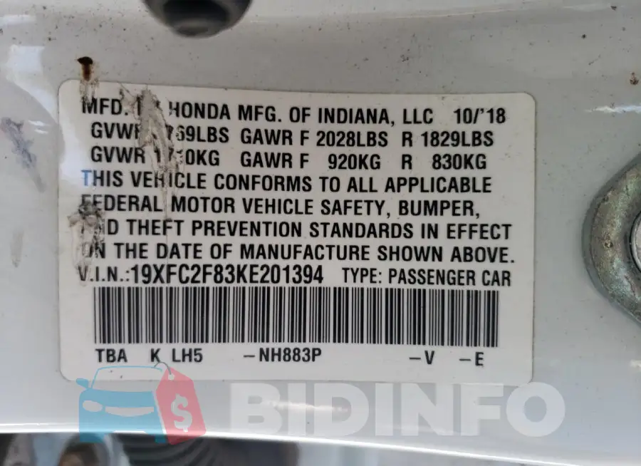 19XFC2F83KE201394 Photo# 12