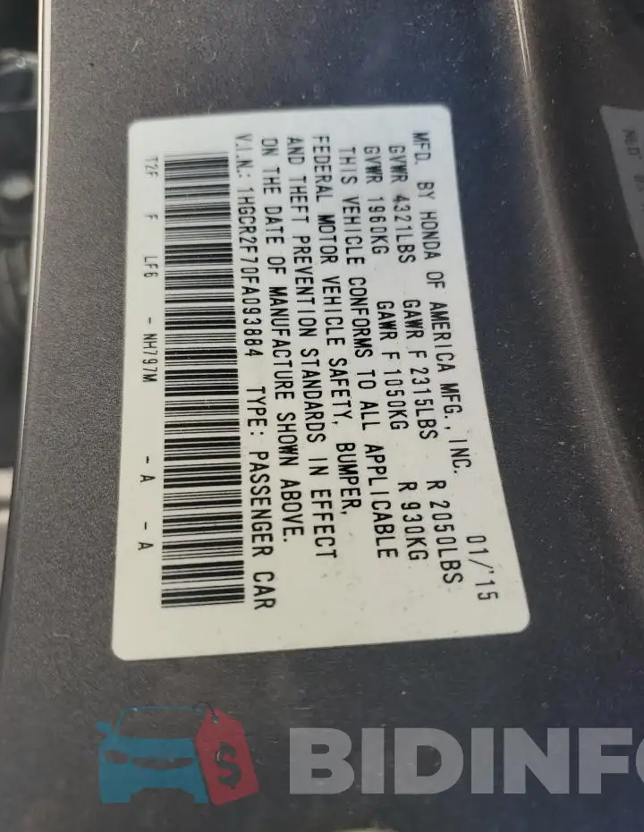 1HGCR2F70FA093884 Photo# 12