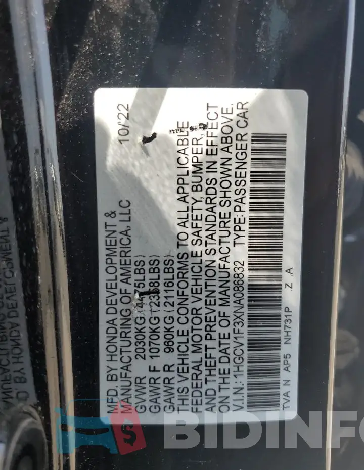 1HGCV1F3XNA086832 Photo# 12