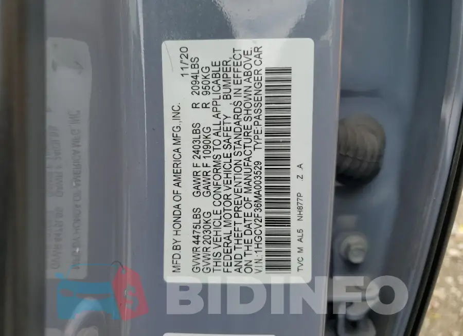 1HGCV2F36MA003529 Photo# 12