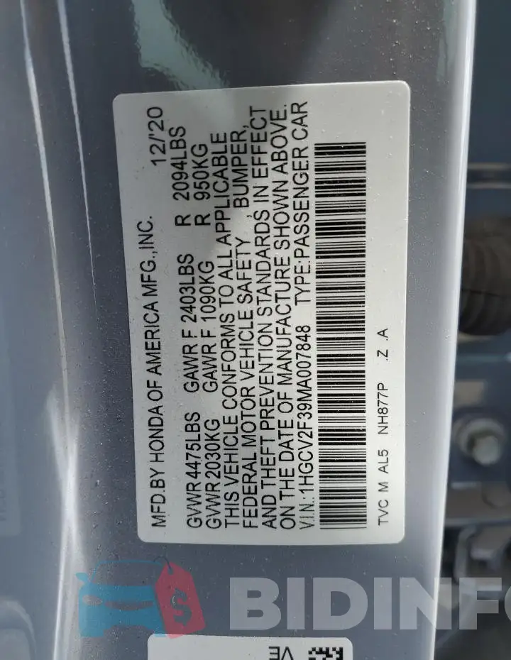 1HGCV2F39MA007848 Photo# 12