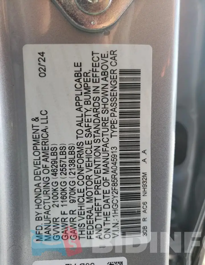 1HGCY2F85RA045913 Photo# 12