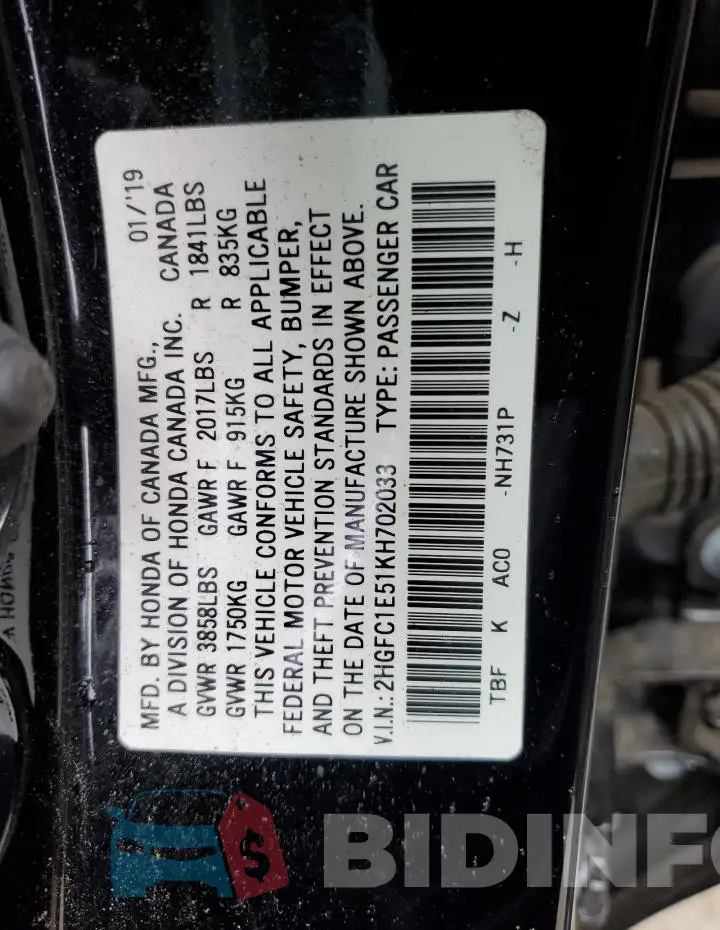 2HGFC1E51KH702033 Photo# 12