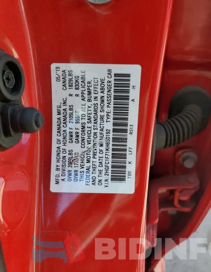 2HGFC1F71KH650192 Photo# 12