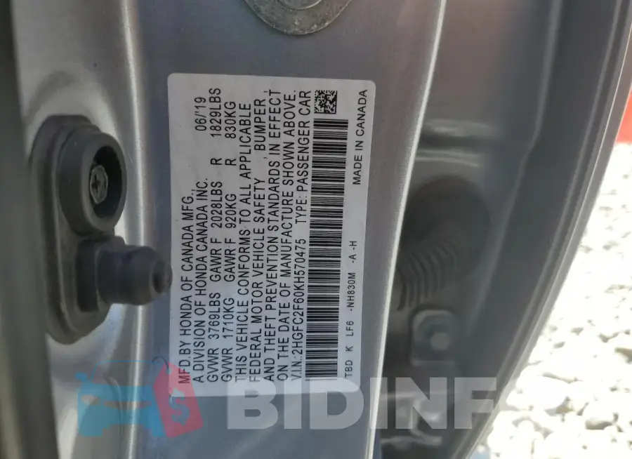 2HGFC2F60KH570475 Photo# 13