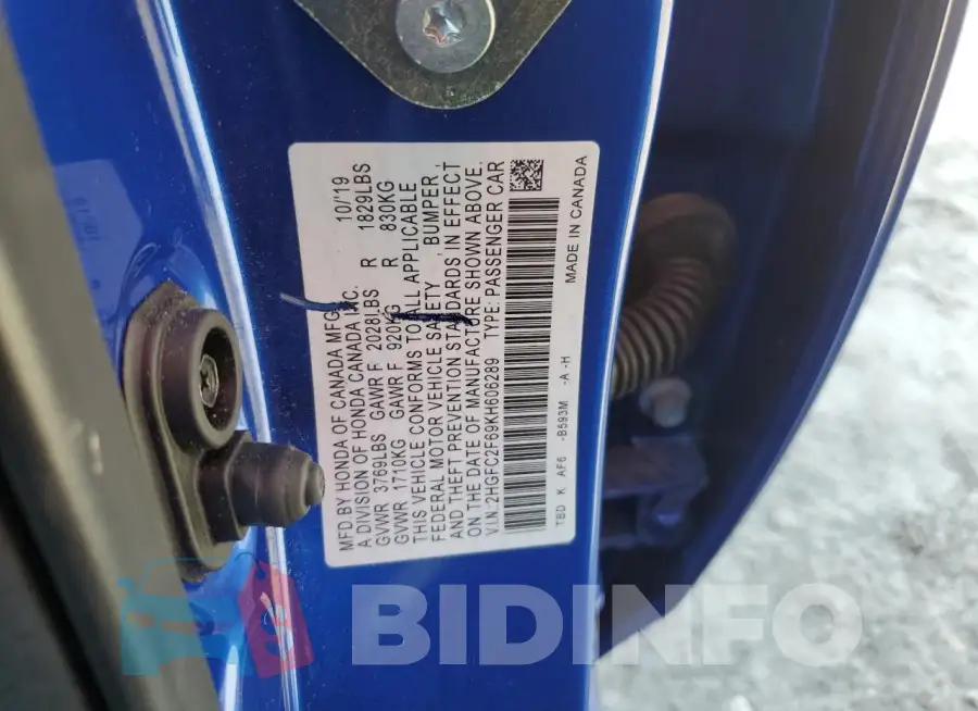 2HGFC2F69KH606289 Photo# 12
