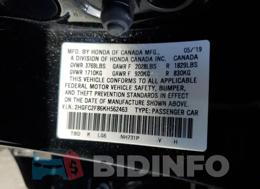 2HGFC2F86KH562463 Photo# 12