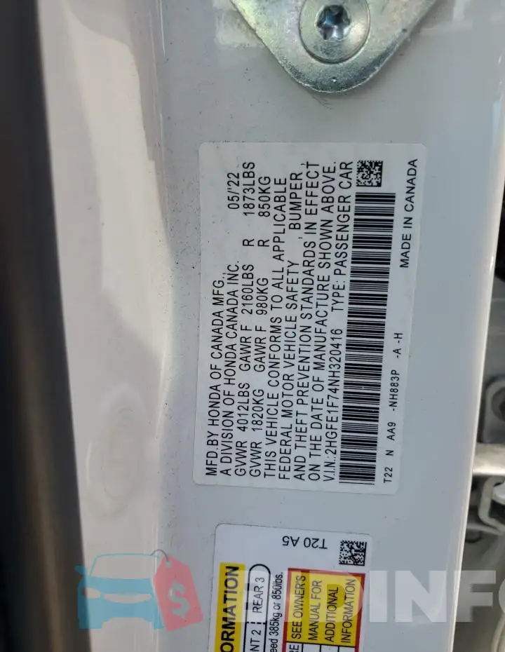 2HGFE1F74NH320416 Photo# 13