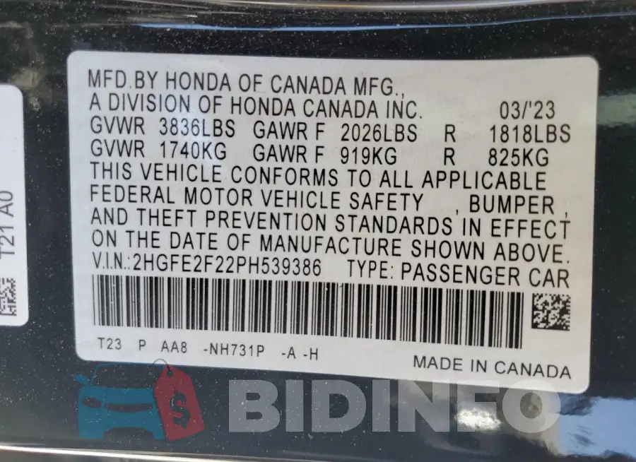 2HGFE2F22PH539386 Photo# 12