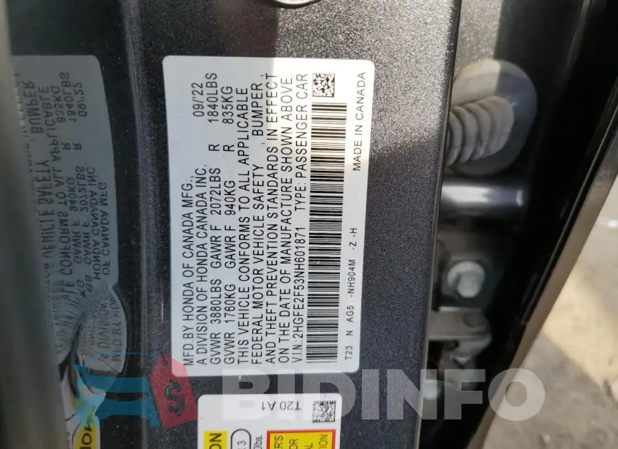 2HGFE2F53NH601871 Photo# 12