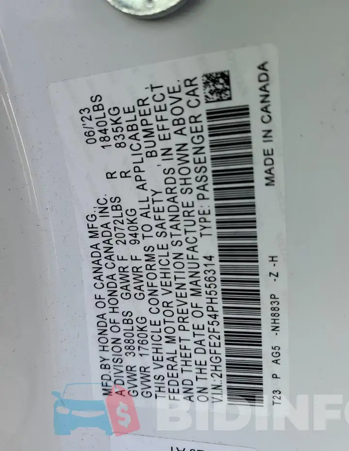 2HGFE2F54PH556314 Photo# 12