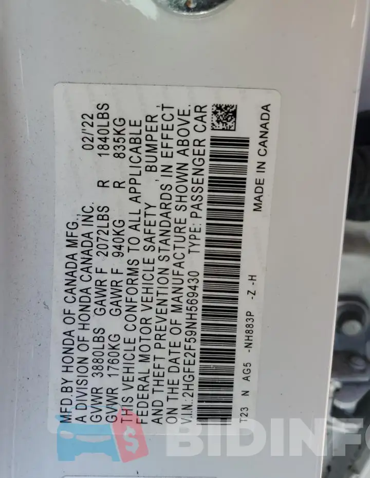 2HGFE2F59NH569430 Photo# 12