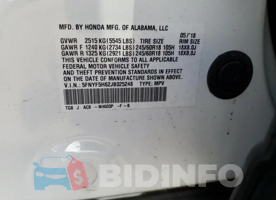 5FNYF5H62JB025248 Photo# 12
