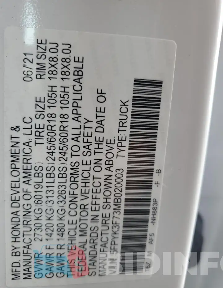 5FPYK3F73MB020003 Photo# 12