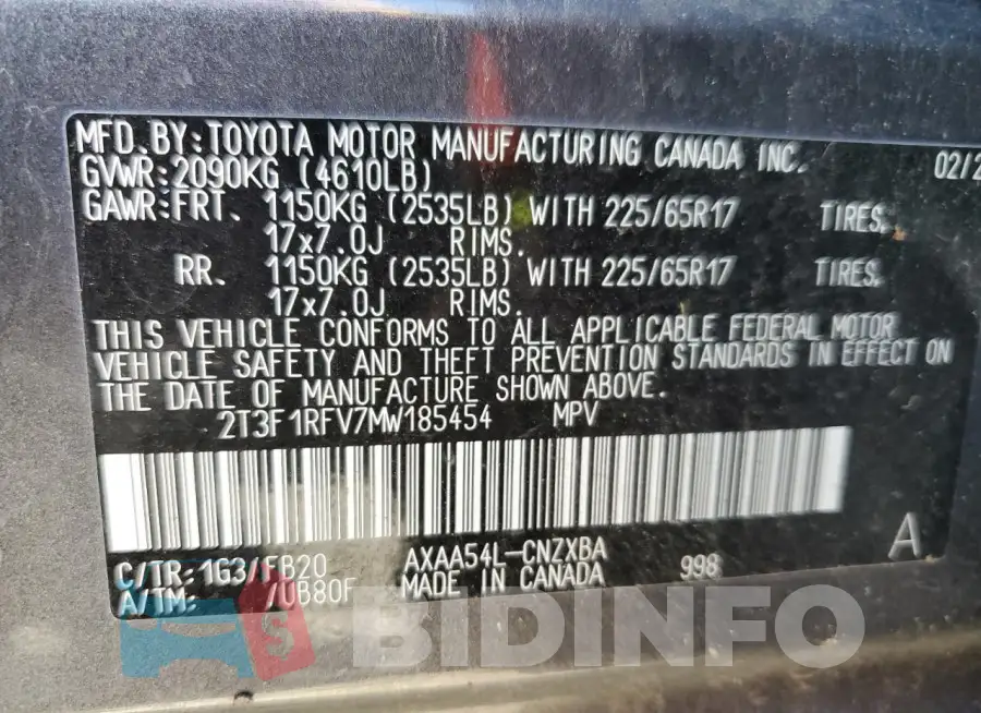 2T3F1RFV7MW185454 Photo# 13