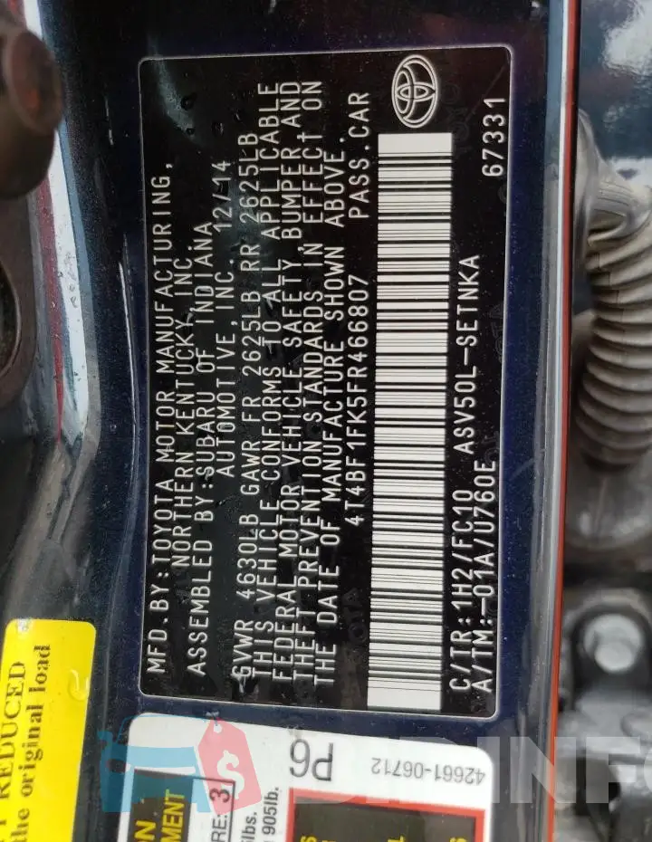 4T4BF1FK5FR466807 Photo# 12