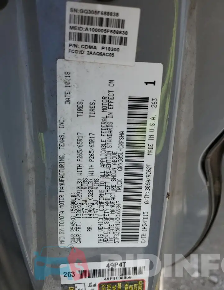 5TFSZ5AN1KX169847 Photo# 13