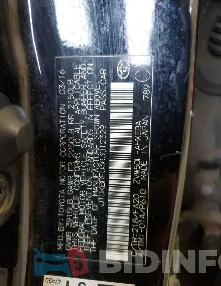 JTDKBRFU3G3012329 Photo# 12