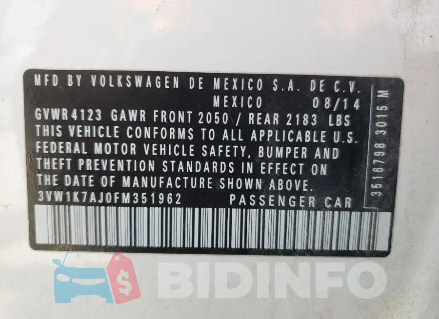 3VW1K7AJ0FM351962 Photo# 12