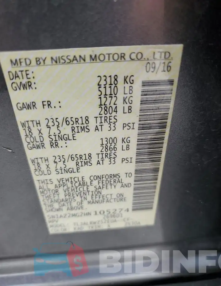 5N1AZ2MG2HN105274 Photo# 13