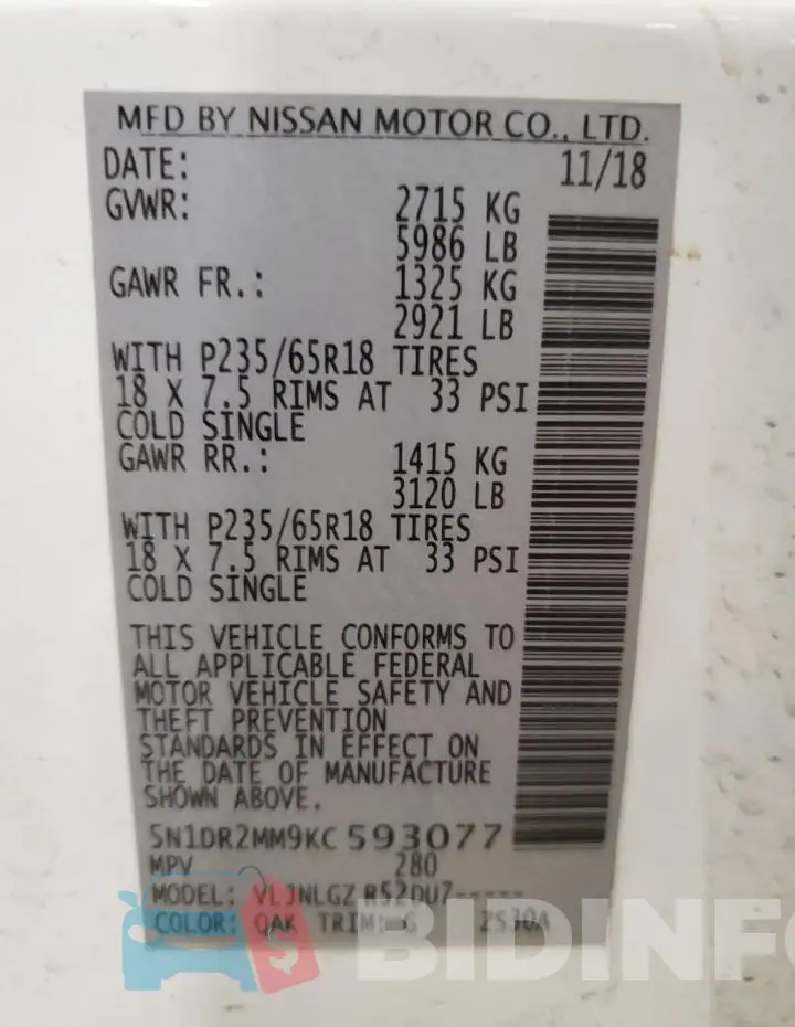5N1DR2MM9KC593077 Photo# 13