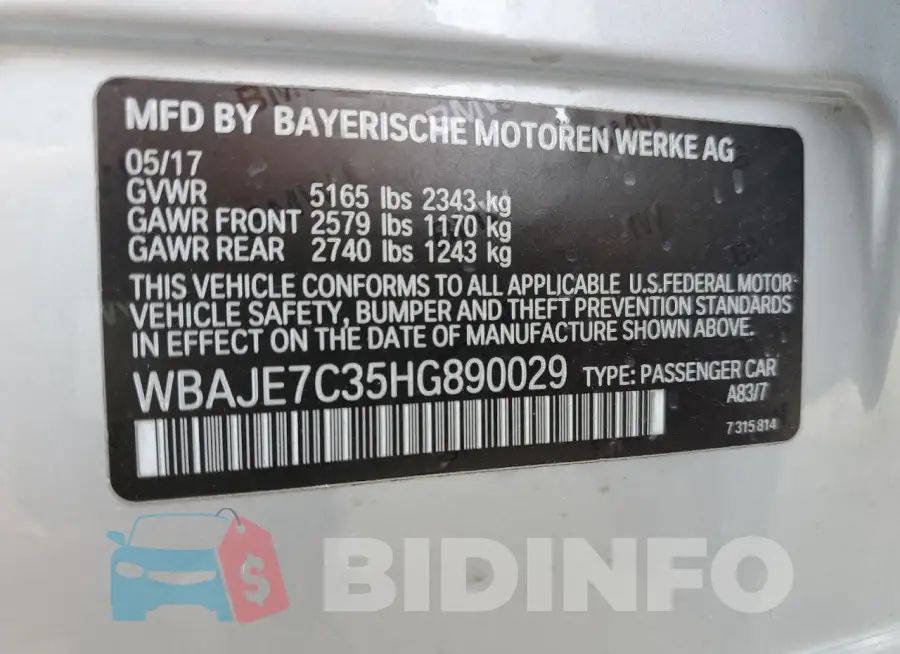 WBAJE7C35HG890029 Photo# 12