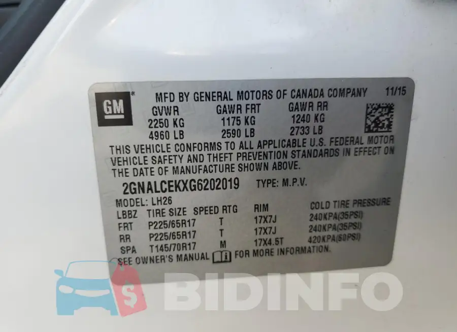2GNALCEKXG6202019 Photo# 13