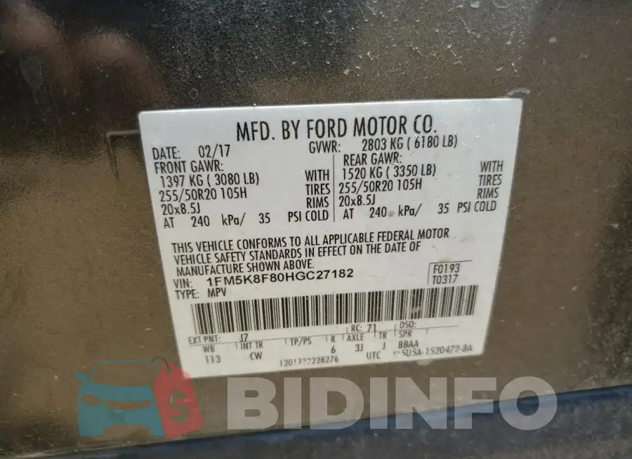 1FM5K8F80HGC27182 Photo# 12