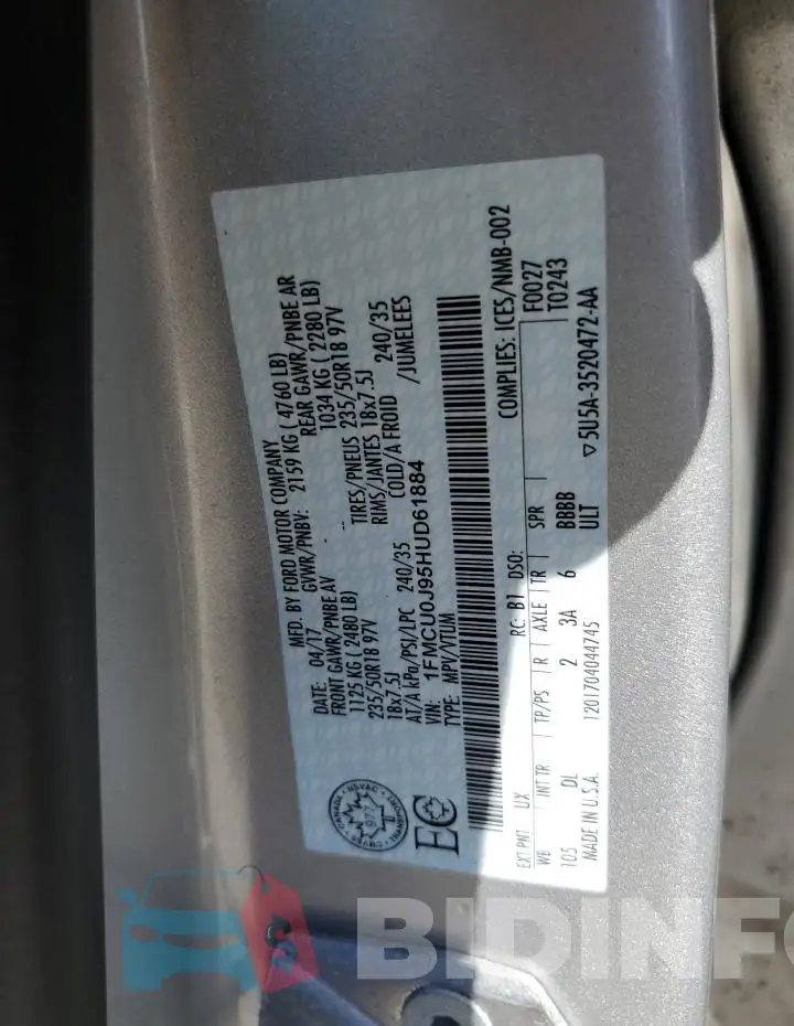 1FMCU0J95HUD61884 Photo# 12