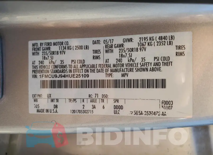 1FMCU9J94HUE25109 Photo# 12