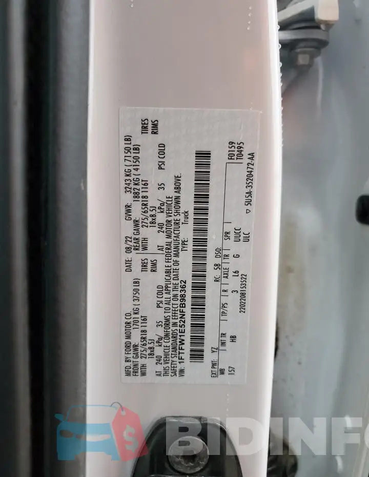 1FTFW1E52NFB98362 Photo# 12
