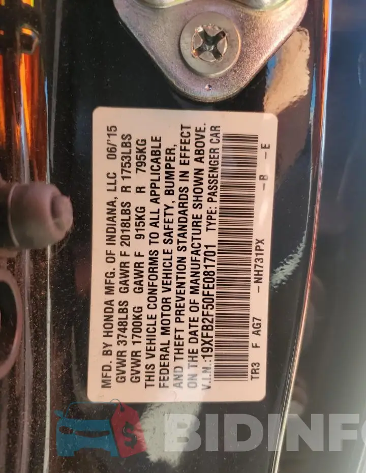19XFB2F50FE081701 Photo# 12