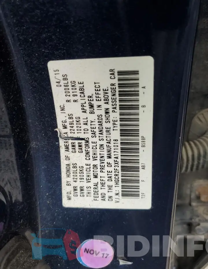 1HGCR2F3XFA171018 Photo# 12