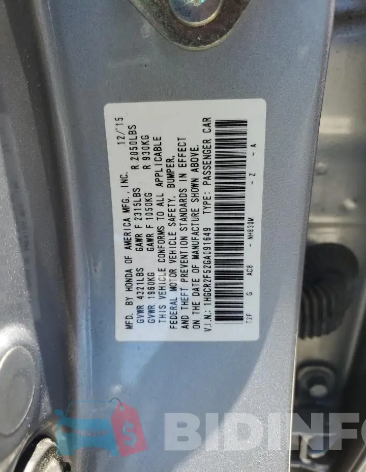 1HGCR2F52GA091649 Photo# 12