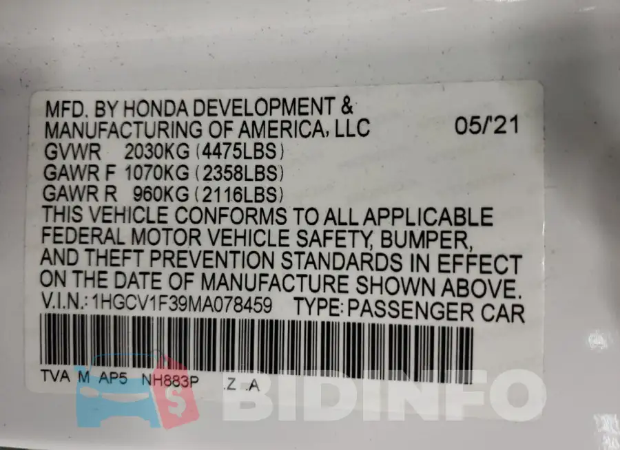 1HGCV1F39MA078459 Photo# 13