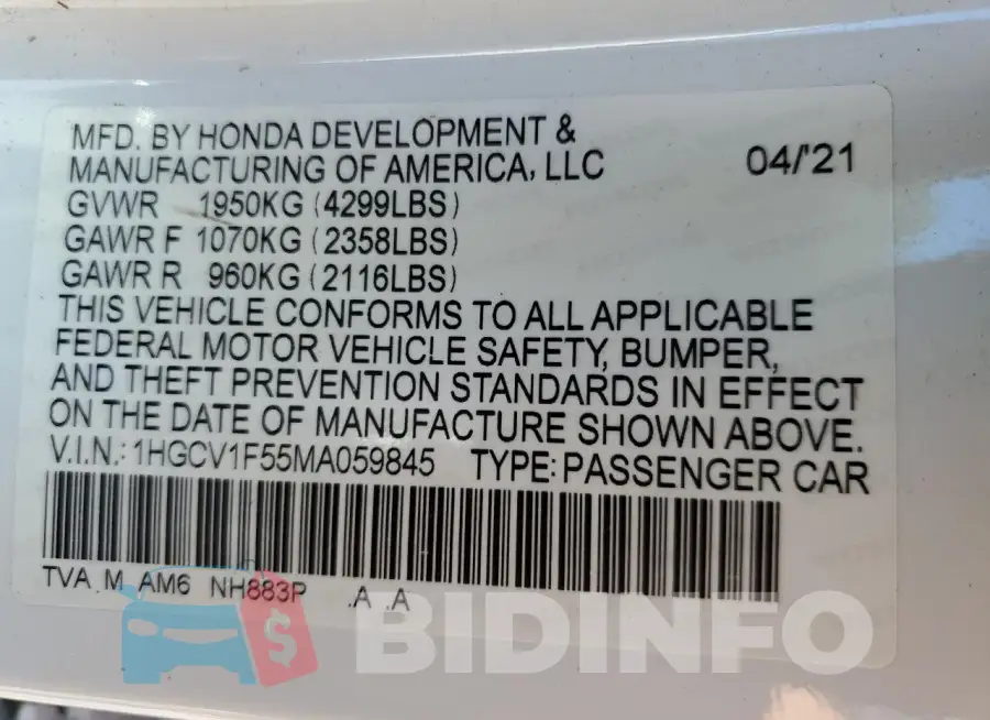 1HGCV1F55MA059845 Photo# 13