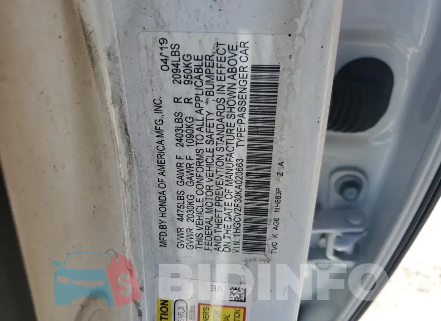 1HGCV2F30KA020663 Photo# 12