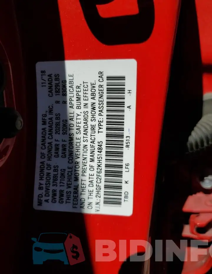 2HGFC2F62KH514845 Photo# 12