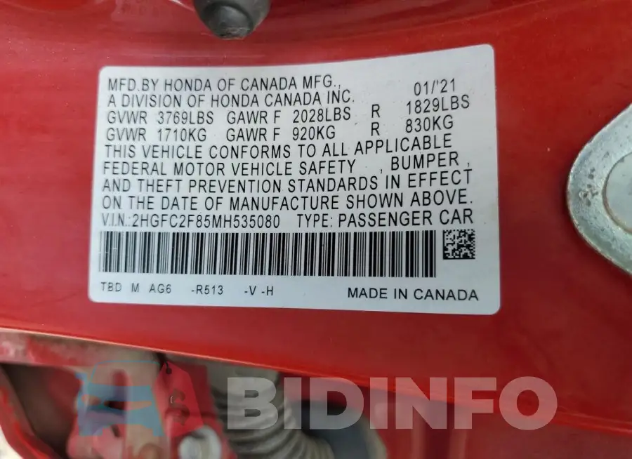 2HGFC2F85MH535080 Photo# 12