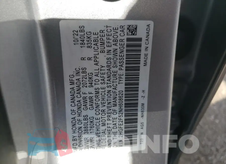 2HGFE2F52NH608620 Photo# 12