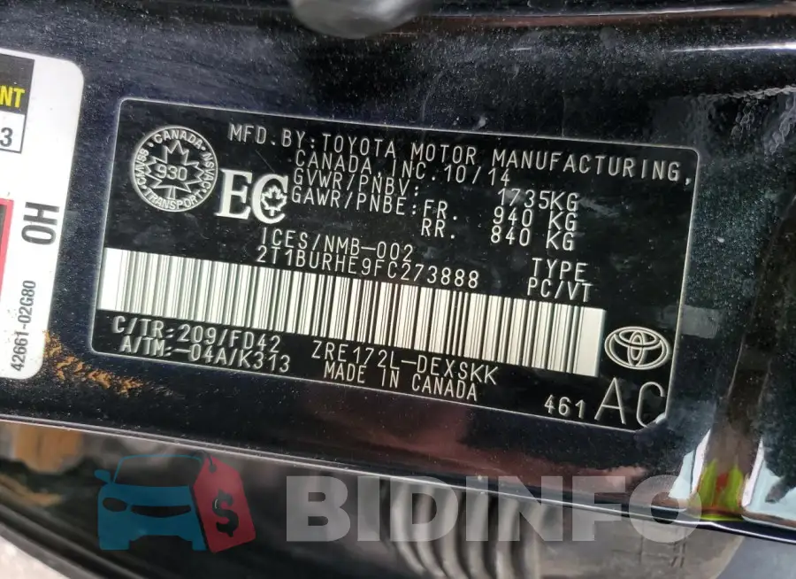 2T1BURHE9FC273888 Photo# 12