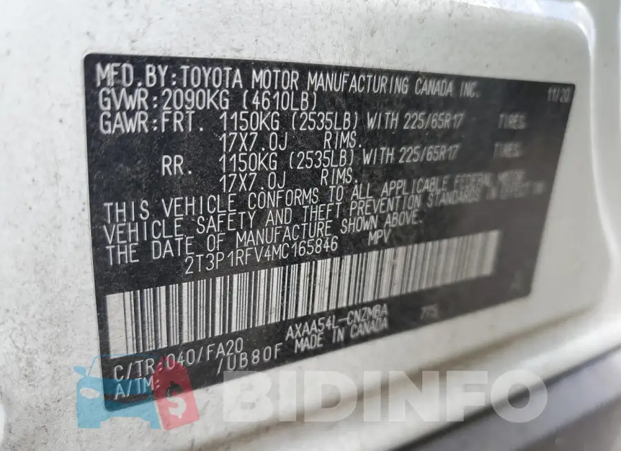 2T3P1RFV4MC165846 Photo# 12