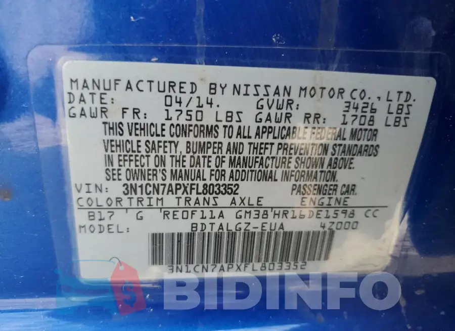 3N1CN7APXFL803352 Photo# 12