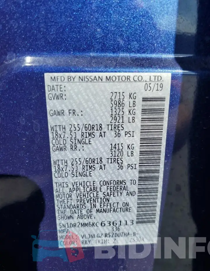 5N1DR2MM6KC636113 Photo# 13