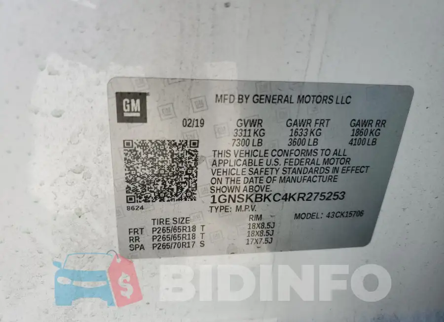 1GNSKBKC4KR275253 Photo# 13