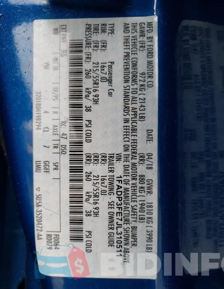 1FADP3FE7JL310511 Photo# 12