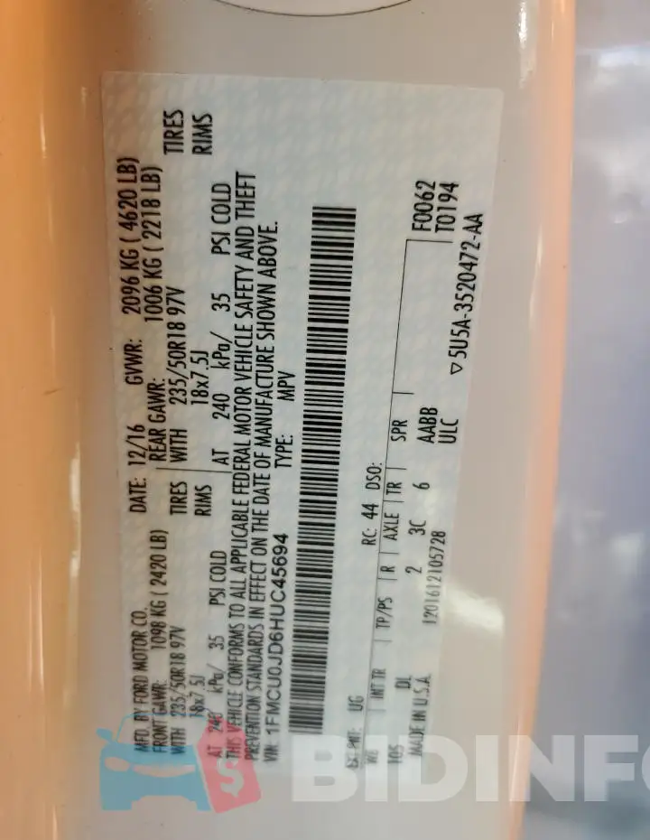 1FMCU0JD6HUC45694 Photo# 13