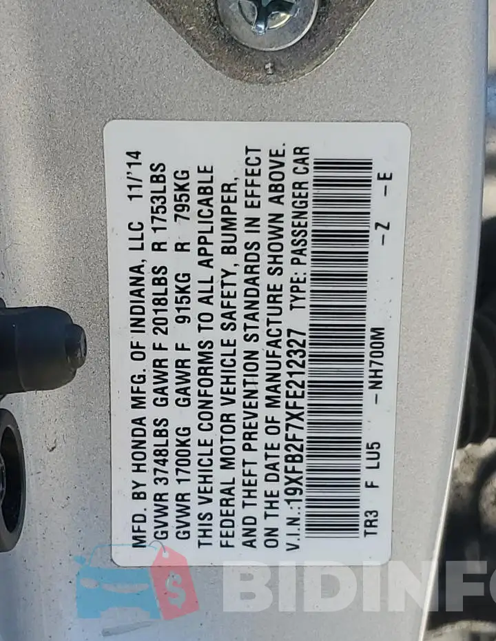 19XFB2F7XFE212327 Photo# 12