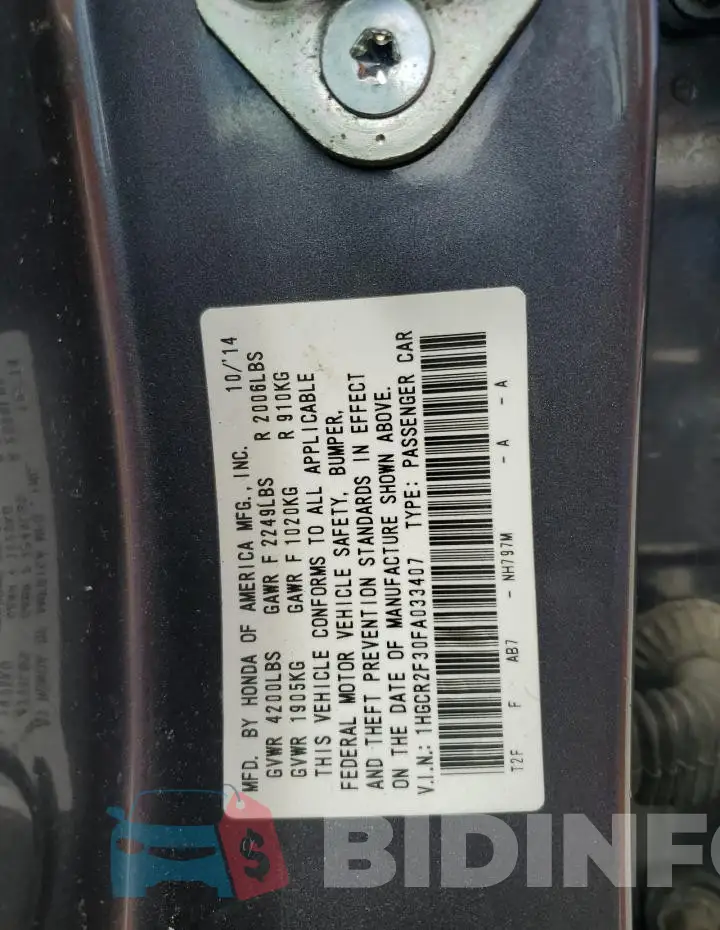 1HGCR2F30FA033407 Photo# 12
