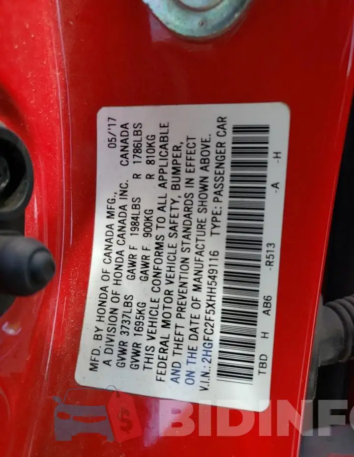 2HGFC2F5XHH549116 Photo# 12